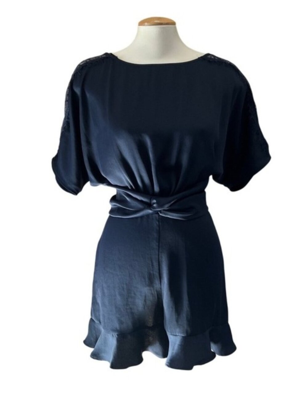 Zara Basic Navy Blue Satin Open Back Romper‎ Lace Shoulder Ruffle Hem Medium
